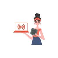 A woman holds a laptop and a processor chip in her hands. IoT concept. Isolated. Vector illustration in trendy flat style.