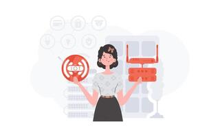 Internet de cosas concepto. un mujer sostiene el Internet de cosas logo en su manos. enrutador y servidor. bueno para sitios web y presentaciones vector ilustración en plano estilo.