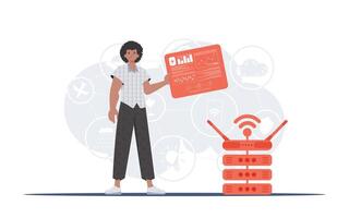 Internet of things and automation concept. A man holds a panel with analyzers and indicators in his hands. Good for websites and presentations. illustration. vector