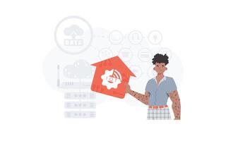 The man is depicted waist-deep, holding an icon of a house in his hands. IoT concept. Good for presentations. Vector illustration in trendy flat style.