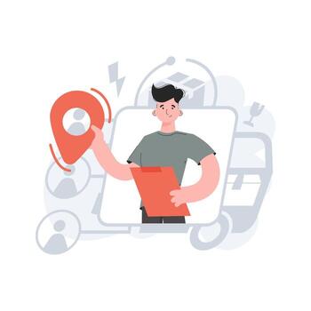 un hombre soportes hasta la cintura y sostiene un ubicación icono en su manos. entrega. elemento para presentaciones, sitios vector