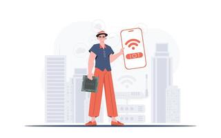 Internet de cosas y automatización concepto. un hombre sostiene un teléfono con el iot logo en su manos. vector ilustración en de moda plano estilo.