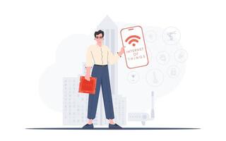 IoT concept. The guy is holding a phone with the IoT logo in his hands. Vector. vector