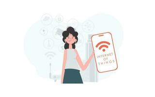 IoT concept. The girl is holding a phone with the IoT logo in her hands. Vector. vector