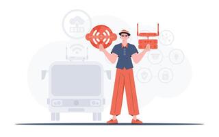 Internet of things concept. A man holds the internet of things logo in her hands. Router and server. Good for presentations and websites. Vector illustration in flat style.