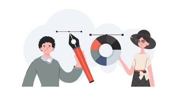 A man and a woman stand waist-deep and hold a color wheel and a pen tool. Design. Element for presentation. vector