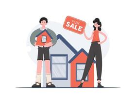 A man and a woman are standing in full growth showing a house for sale. House sale. Flat style. Element for presentations, sites. vector