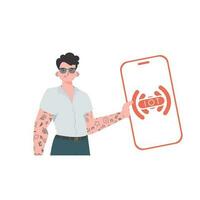 The guy is holding a phone with the IoT logo in his hands. Internet of things concept. Vector. vector