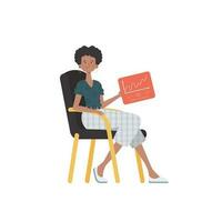 A woman sits in a chair and holds a panel with analyzers and indicators in her hands. Internet of things concept. Isolated. Vector illustration in trendy flat style.