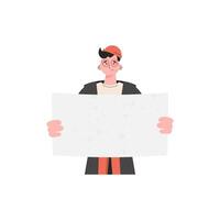 A man stands waist-deep with a blank banner in his hands. Isolated. Flat style. Element for presentations, sites. vector