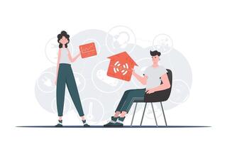 Internet of things concept. The girl and the guy are a team in the field of Internet of things. Good for websites and presentations. Vector illustration in flat style.