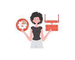 un mujer sostiene el Internet de cosas logo en su manos. enrutador y servidor. Internet de cosas concepto. aislado. vector ilustración en de moda plano estilo.