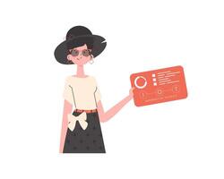 A woman holds a panel with analyzers and indicators in her hands. IoT concept. Isolated. Trendy flat style. . vector