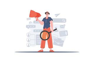 A man stands in full growth and holds a loudspeaker. Human resource. Element for presentation. vector