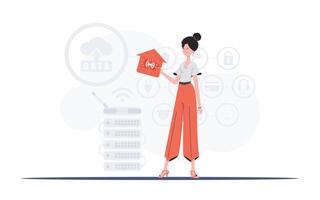 Internet of things and automation concept. The woman is depicted in full growth, holding an icon of a house in her hands. Good for presentations. Vector illustration in trendy flat style.