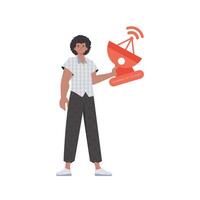 Internet of things concept. The guy is holding a satellite dish in his hands. Isolated. illustration in trendy flat style. vector