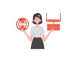 A woman is holding an internet thing icon in her hands. Router and server. IOT and automation concept. Isolated. illustration in trendy flat style. vector