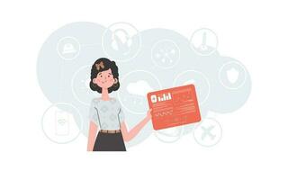 Internet of Things Concept. A woman holds a panel with analyzers and indicators in her hands. Good for websites and presentations. Vector illustration in flat style.