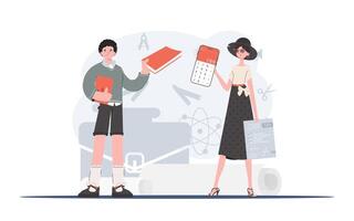 A man and a woman are standing and holding a book and an example of a tax form. The study of taxes. Element for presentation. vector