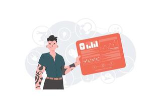 IoT concept. A man holds a panel with analyzers and indicators in his hands. Good for websites and presentations. Vector illustration in trendy flat style.