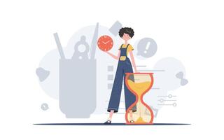 A woman stands in full growth next to an hourglass. Time management. Element for presentation. vector