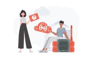 un hombre y un mujer son un equipo en el campo de el Internet de cosas. iot concepto. bueno para presentaciones y sitios web de moda plano estilo. vector. vector