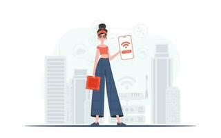 iot y automatización concepto. un mujer sostiene un teléfono con el iot logo en su manos. de moda plano estilo. vector ilustración.