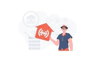 The man is depicted waist-deep, holding an icon of a house in his hands. IoT concept. Good for presentations and websites. illustration in trendy flat style. vector