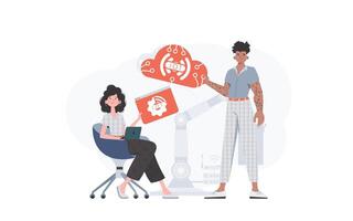 A man and a woman are a team in the field of the Internet of things. IOT and automation concept. Good for presentations and websites. Vector illustration in trendy flat style.