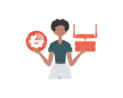 A woman holds the internet of things logo in her hands. Router and server. Internet of things concept. Isolated. Vector illustration in flat style.