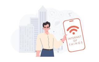 iot y automatización concepto. un hombre sostiene un teléfono con el iot logo en su manos. vector ilustración en de moda plano estilo.