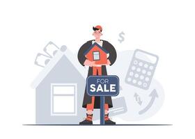 A man stands in full growth is engaged in the sale of a house. Realtor. Flat style. Element for presentations, sites. vector