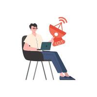 Internet of things and automation concept. The guy is holding a satellite dish in his hands. Isolated on white background. illustration in flat style. vector