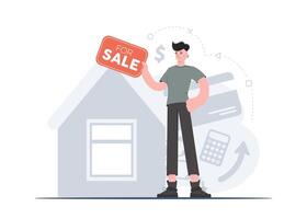 A man stands in full growth against the backdrop of a house that is for sale. Property For Sale. Flat style. Element for presentations, sites. vector