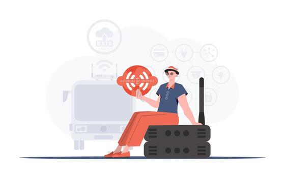 IoT concept. A man is holding an internet thing icon in her hands. Router and server. Good for presentations and websites. illustration in trendy flat style. vector