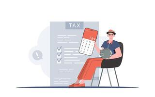 A man sits in a chair and holds a calculator and a piggy bank in his hands. The concept of payment and calculation of taxes. Vector illustration in a flat style.