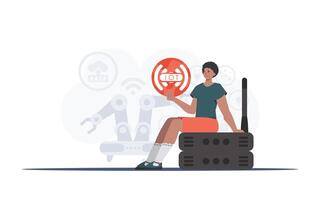 Internet of things concept. A man holds the internet of things logo in her hands. Router and server. Good for websites and presentations. illustration in trendy flat style. vector
