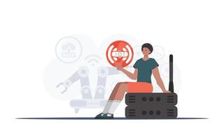 Internet of things concept. A man holds the internet of things logo in her hands. Router and server. Good for websites and presentations. Vector illustration in trendy flat style.