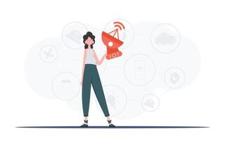 A woman holds a satellite dish in her hands. Internet of things concept. Good for presentations and websites. Trendy flat style. Vector illustration.