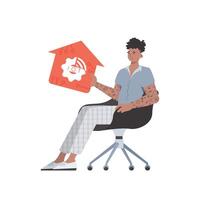 un hombre se sienta en un Sillón y sostiene un casa icono en su manos. Internet de cosas y automatización concepto. aislado. vector ilustración en plano estilo.