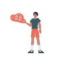 A man is holding an IoT icon in his hands. IOT and automation concept. Isolated. . vector