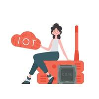 A woman sits on a router and holds the internet of things logo in her hands. Internet of things concept. Isolated. Vector illustration in flat style.