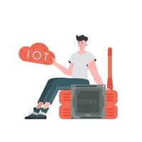 The guy sits on the router and holds the internet of things logo in his hands. Internet of things concept. Isolated. Vector illustration in trendy flat style.