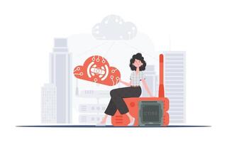 IoT concept. A woman sits on a router and holds the internet of things logo in her hands. Trendy flat style. Vector. vector