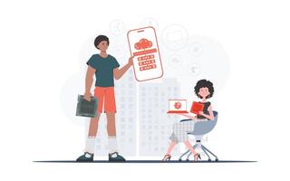 IOT and automation concept. The girl and the guy are a team in the field of IoT. Good for websites and presentations. Vector illustration in flat style.