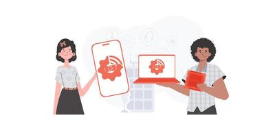 IOT and automation concept. The girl and the guy are a team in the field of IoT. Good for websites and presentations. illustration. vector