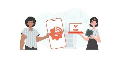 IoT concept. A man and a woman are a team in the field of the Internet of things. Good for presentations and websites. Vector illustration in trendy flat style.