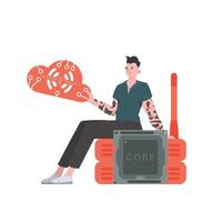 The guy sits on the router and holds the internet of things logo in his hands. IoT concept. Isolated. illustration. vector