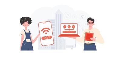 IoT concept. A man and a woman are a team in the field of the Internet of things. Good for websites and presentations. Vector illustration in flat style.