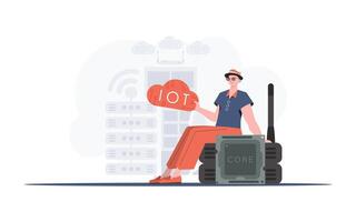 Internet of things concept. The guy sits on the router and holds the internet of things logo in his hands. Trendy flat style. Vector. vector